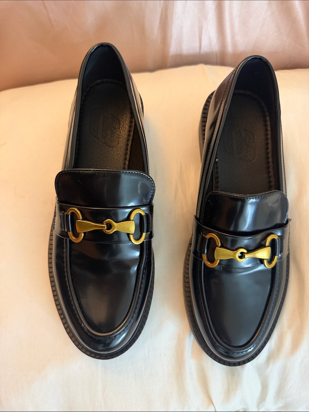 Black Leather Women Loafers with Gold Bit Accent